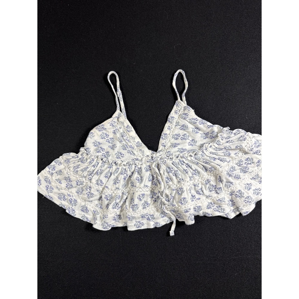 Urban Outfitters Blue Floral Ruffle Crop Top Lace Trim Cami Small Boho Cotton